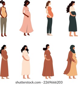 Set of diverse pregnant women illustration, side profile