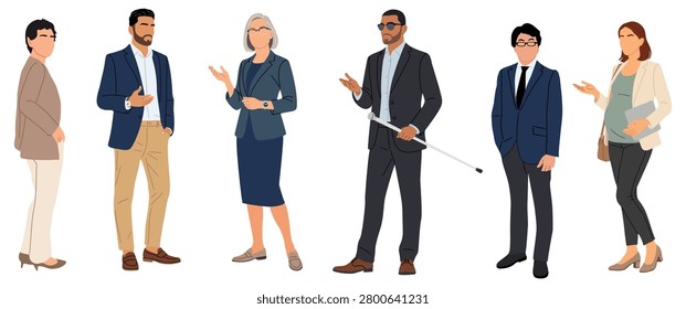Set of diverse professionals stand in a line, poised and confident. Each person gestures or holds an object, suggesting active engagement. Business attire suggests formal or professional contexts