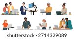 Set of diverse professionals working in separate modern office scenes with desks, laptops, and collaboration. Flat minimalist vector illustrations isolated on white background 