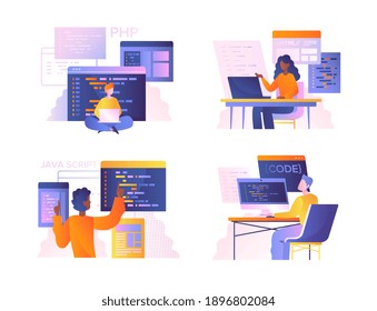 Set Of Diverse Programmers Or Coders Working On Web Development On Computers. Concept Of Script Coding And Programming In Different Languages. Software Developers. Flat Cartoon Vector Illustration