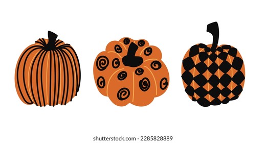 Set of diverse pumpkins. orange and buffalo plaid pumpkin. Happy Thanksgiving . Harvest season. Vector illustration. Clip Art