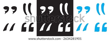 Set of diverse quotation marks, black, white and blue  symbols  calligraphic styles.  Vector for websites, mobile interfaces, presentations, banner, visual branding etc. Vector illustration. EPS 10