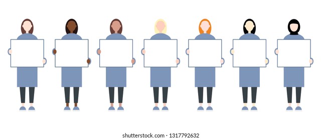 Set of diverse race female characters holding a blank placard. Women rights