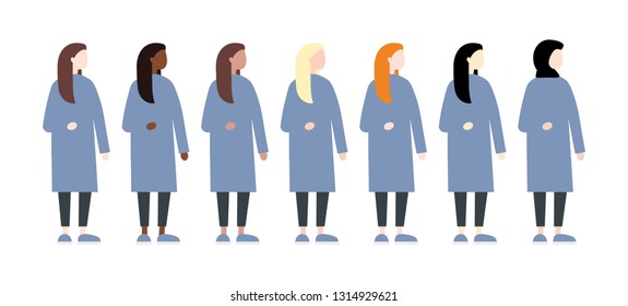 Set of diverse race vector women side view. Cute and simple modern flat style