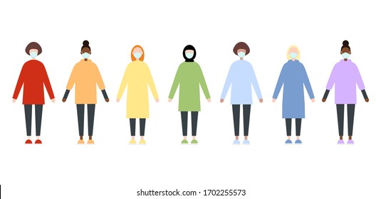 Set of a diverse race women in rainbow clothes wearing masks. Nurse scrubs clothes. Flat style vector image. Doctors during pandemic of coronavirus. Covid-19. Preventive measures. 