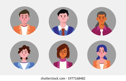 Set of diverse round avatars. Different clothes and hair styles. 