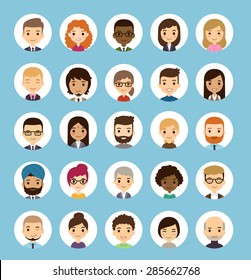 Set of diverse round avatars. Different nationalities, clothes and hair styles. Cute and simple flat cartoon style.