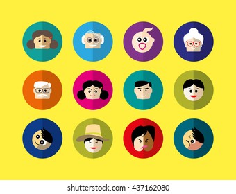 Set of diverse round avatars, face of people.