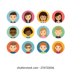 Set of diverse round avatars isolated on white background. Different nationalities, clothes and hair styles. Cute and simple flat cartoon style.