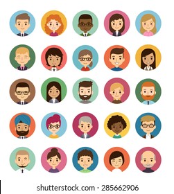 Set of diverse round avatars isolated on white background. Different nationalities, clothes and hair styles. Cute and simple flat cartoon style.