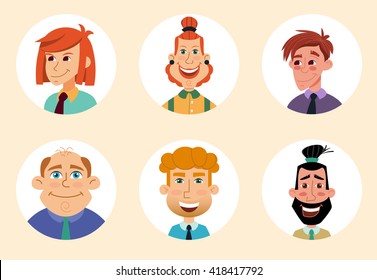 Set of diverse round avatars isolated on white background. Different nationalities, clothes and hair styles. Cute and simple flat cartoon style. Cartoon of a group of business people.