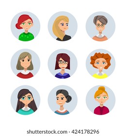 Set of diverse round avatars isolated on white background. Different clothes and hair styles. Cute and simple flat cartoon style