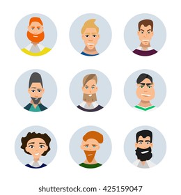 Set of diverse round avatars isolated on white background. Different clothes and hair styles. Cute and simple flat cartoon style