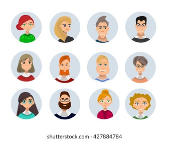 Set of diverse round avatars isolated on white background. Different clothes and hair styles. Cute and simple flat cartoon style