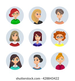 Set of diverse round avatars isolated on white background. Different clothes and hair styles. Cute and simple flat cartoon style