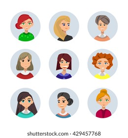 Set of diverse round avatars isolated on white background. Different clothes and hair styles. Cute and simple flat cartoon style