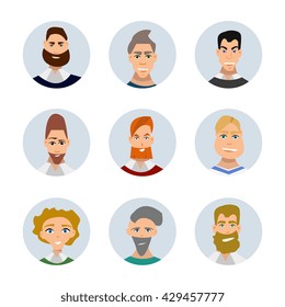 Set of diverse round avatars isolated on white background. Different clothes and hair styles. Cute and simple flat cartoon style