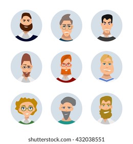 Set of diverse round avatars isolated on white background. Different clothes and hair styles. Cute and simple flat cartoon style