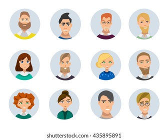 Set of diverse round avatars isolated on white background. Different clothes and hair styles. Cute and simple flat cartoon style