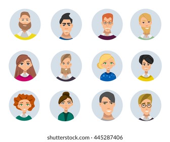 Set of diverse round avatars isolated on white background. Different clothes and hair styles. Cute and simple flat cartoon style