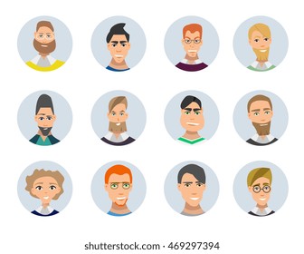 Set of diverse round avatars isolated on white background. Different clothes and hair styles. Cute and simple flat cartoon style