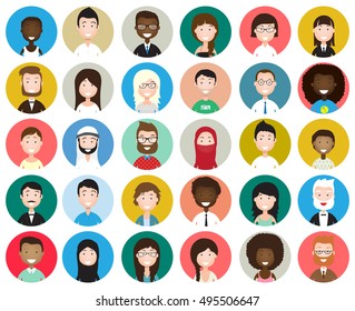 Set of diverse round avatars isolated on white background. Different nationalities, clothes and hair styles. Cute and simple flat cartoon style