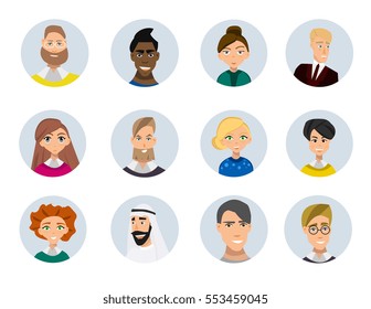 Set of diverse round avatars isolated on white background. Different clothes and hair styles. Cute and simple flat cartoon style