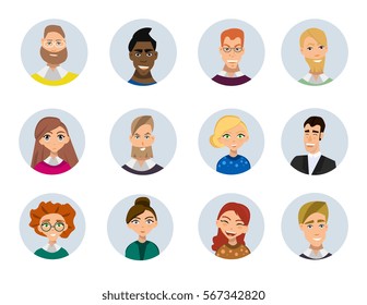 Set of diverse round avatars isolated on white background. Different clothes and hair styles. Cute and simple flat cartoon style