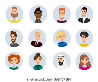 Set of diverse round avatars isolated on white background. Different clothes and hair styles. Cute and simple flat cartoon style