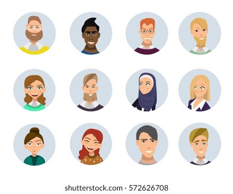 Set of diverse round avatars isolated on white background. Different clothes and hair styles. Cute and simple flat cartoon style