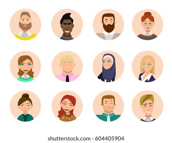 Set of diverse round avatars isolated on white background. Different clothes and hair styles. Cute and simple flat cartoon style