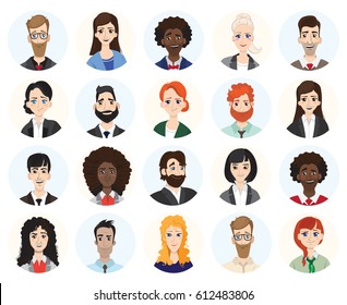 Set of diverse round avatars isolated on white background. Different clothes and hair styles. Cute and simple flat cartoon style