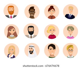 Set of diverse round avatars isolated on white background. Different clothes and hair styles. Cute and simple flat cartoon style
