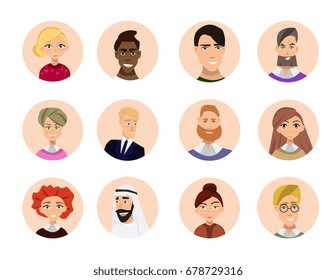 Set of diverse round avatars isolated on white background. Different clothes and hair styles. Cute and simple flat cartoon style