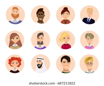 Set of diverse round avatars isolated on white background. Different clothes and hair styles. Cute and simple flat cartoon style