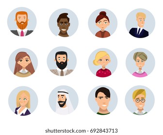 Set of diverse round avatars isolated on white background. Different clothes and hair styles. Cute and simple flat cartoon style