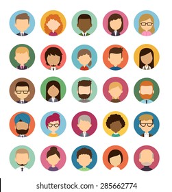 Set of diverse round avatars without facial features isolated on white background. Different nationalities, clothes and hair styles. Cute and simple flat cartoon style.