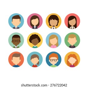 Set Of Diverse Round Featureless Avatars Isolated On White Background. Different Nationalities, Clothes And Hair Styles. Cute And Simple Flat Cartoon Style.