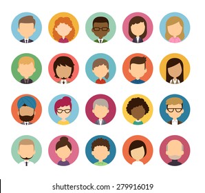 Set of diverse round featureless avatars isolated on white background. Different nationalities, clothes and hair styles. Cute and simple flat cartoon style.