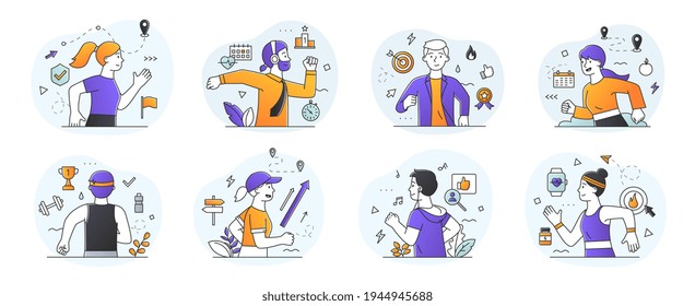 Set of diverse Runners in either a health and fitness, active lifestyle or business success and ambition or Rivalry concept surrounded with appropriate icons, flat outlined colored vector illustration