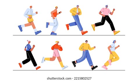 Set of diverse running people. Concept of sport activity, outdoor exercises, fitness. Multiracial characters in sportswear jogging, training, run marathon isolated on white background, vector flat set