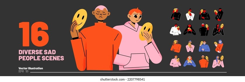 Set of diverse sad people cover faces with smiling masks expressing positive and happy emotions. Characters hiding individuality, psychological problem, hypocrisy, Line art flat vector illustration