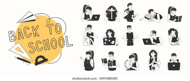Set of diverse school children in black and white illustration