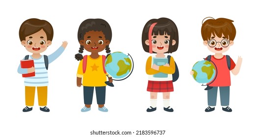 Set of diverse school children. Happy cartoon kids with globes and books. Cute pupils collection.