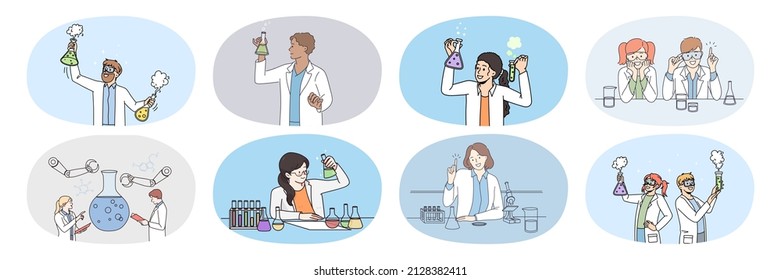 Set of diverse scientists with test tubes do experiments in laboratory. Collection of researchers develop vaccine in lab. Biotechnology and pharmacy concept. Science. Vector illustration. 