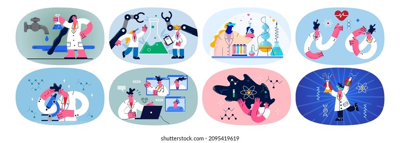 Set of diverse scientists with tubes work develop covid-19 vaccine in laboratory. Collection of researchers or medical workers make experiment do discovery in lab. Science. Vector illustration. 