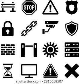 Set of diverse security technology and warning symbols icons with bench and surveillance elements
