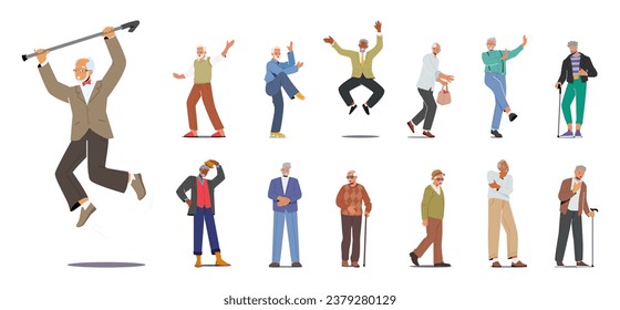 Conjunto de hombres de edad diferentes. Personajes masculinos viejos saltando, poniéndose de pie con bastón, haciendo ejercicio, posando con ropa de moda, pensando y bailando en abuelo aislado. Ilustración de vectores de personas de caricatura