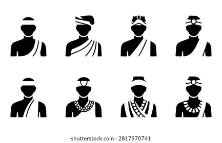 Set of diverse silhouettes featuring traditional headwear and attire for cultural representation