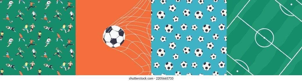 Set of diverse soccer player men athlete team pattern. Colorful retro football game illustration collection. Includes foot ball print, stadium field background and goal shot.